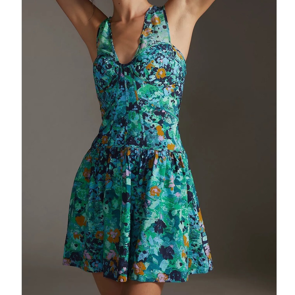 Anthropologie Corset Mini Dress Green Blue Abstract Floral Print Mesh - 0